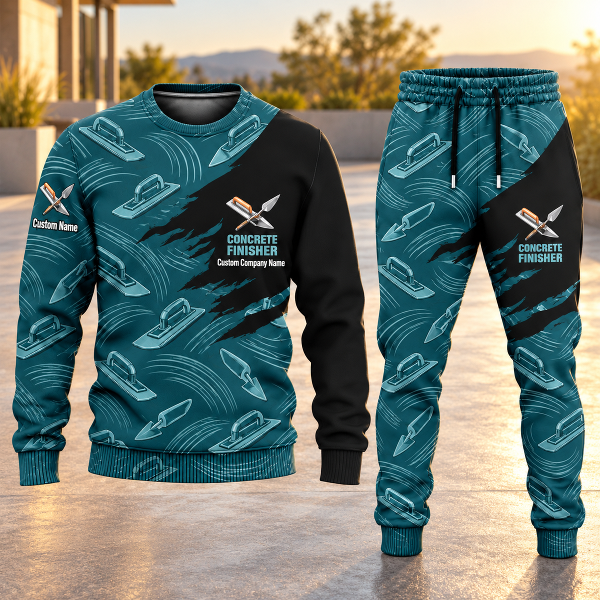Concrete Finisher Diagonal Brush sweater and jogger combo, hero view with name and company artwork