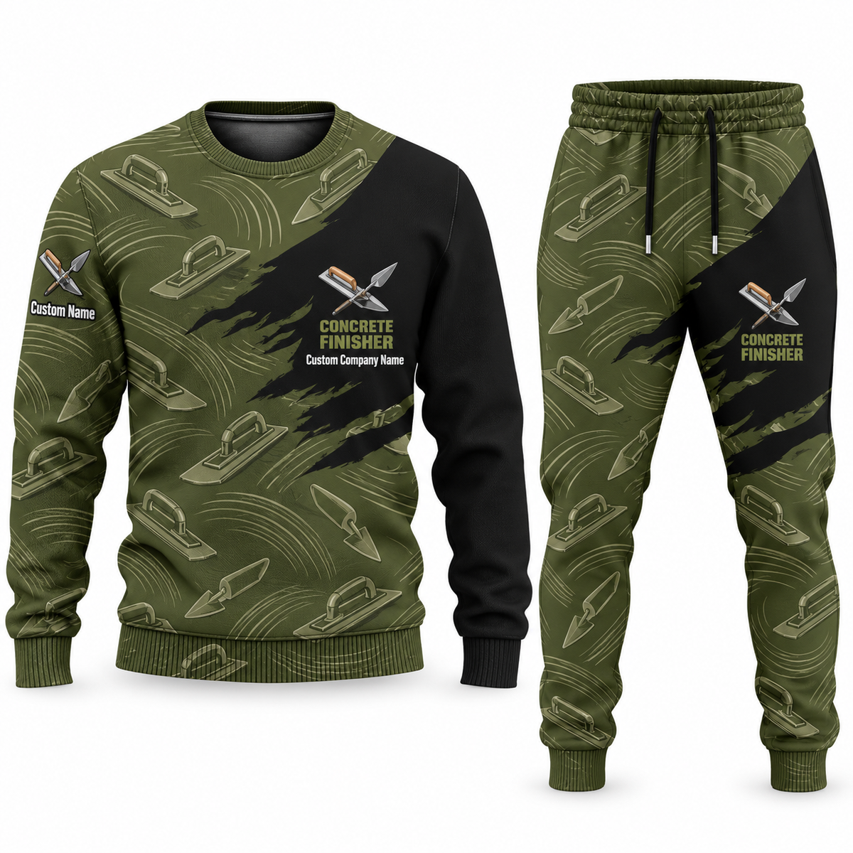 Concrete Finisher Diagonal Brush sweater and jogger combo, olive view with name and company artwork