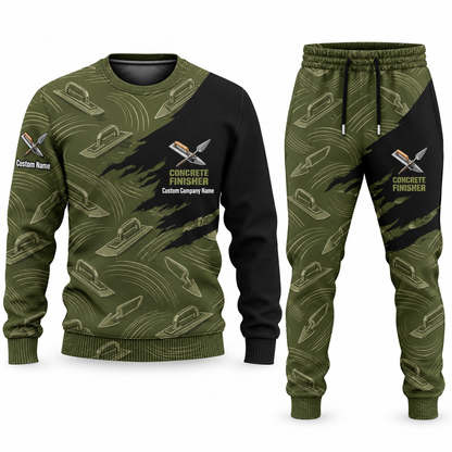 Concrete Finisher Diagonal Brush sweater and jogger combo, olive view with name and company artwork