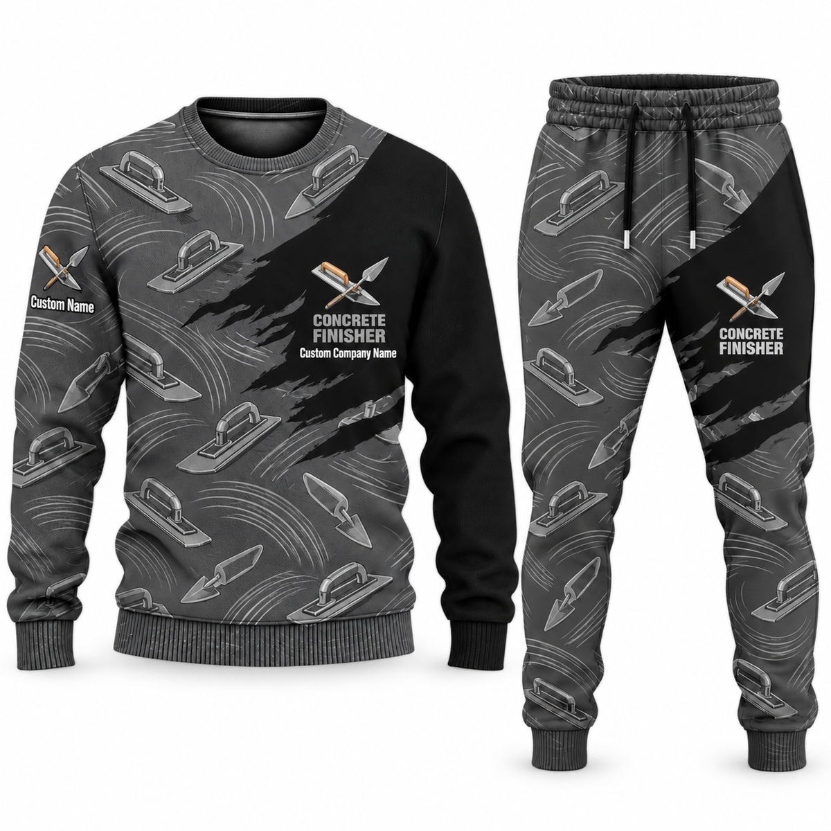 Concrete Finisher Diagonal Brush sweater and jogger combo, charcoal view with name and company artwork