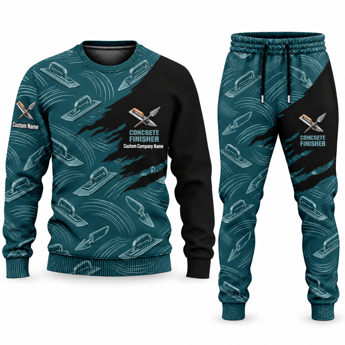 Concrete Finisher Diagonal Brush sweater and jogger combo, teal view with name and company artwork