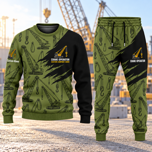 Crane Operator Diagonal Brush sweater and jogger combo, hero view with name and company artwork