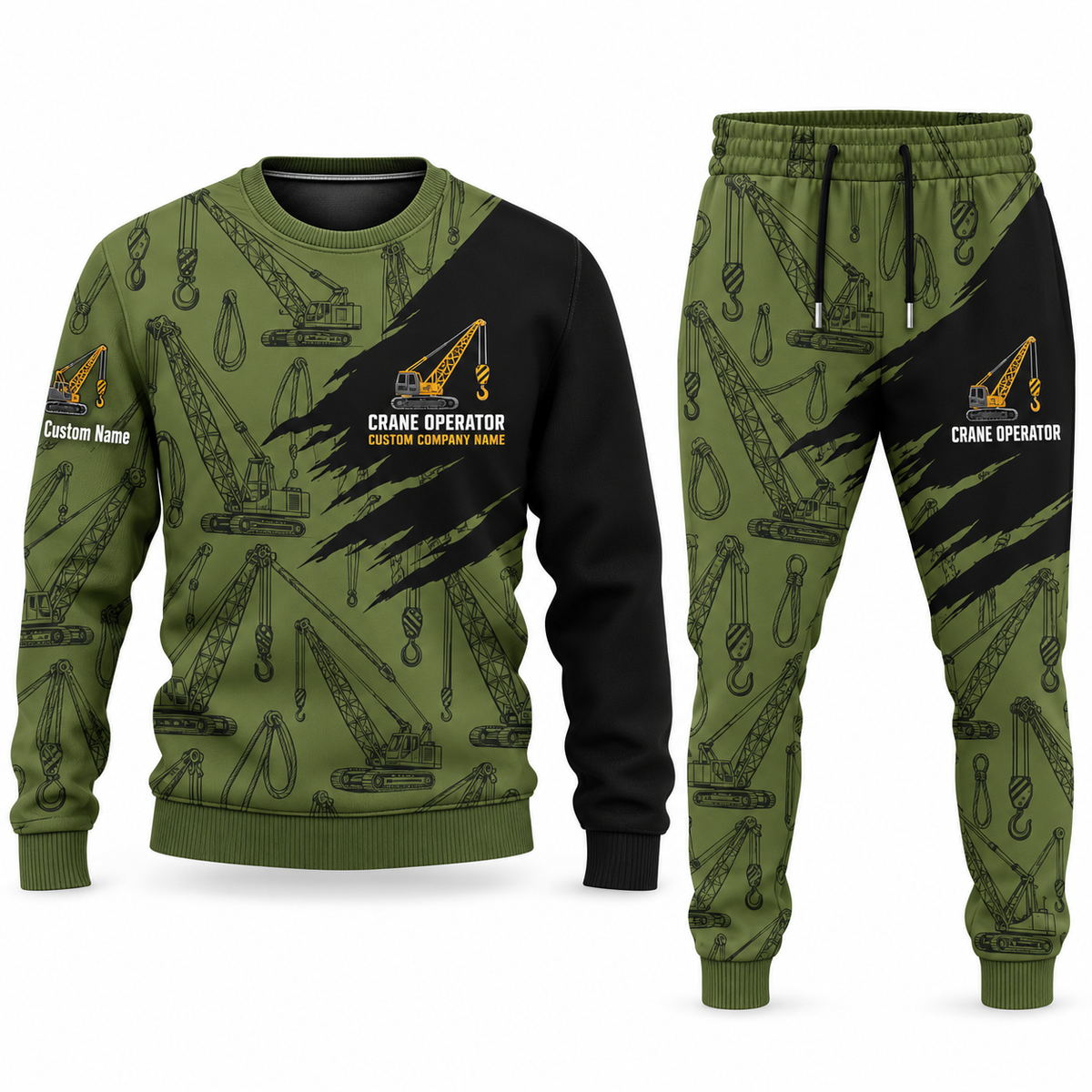 Crane Operator Diagonal Brush sweater and jogger combo, olive view with name and company artwork