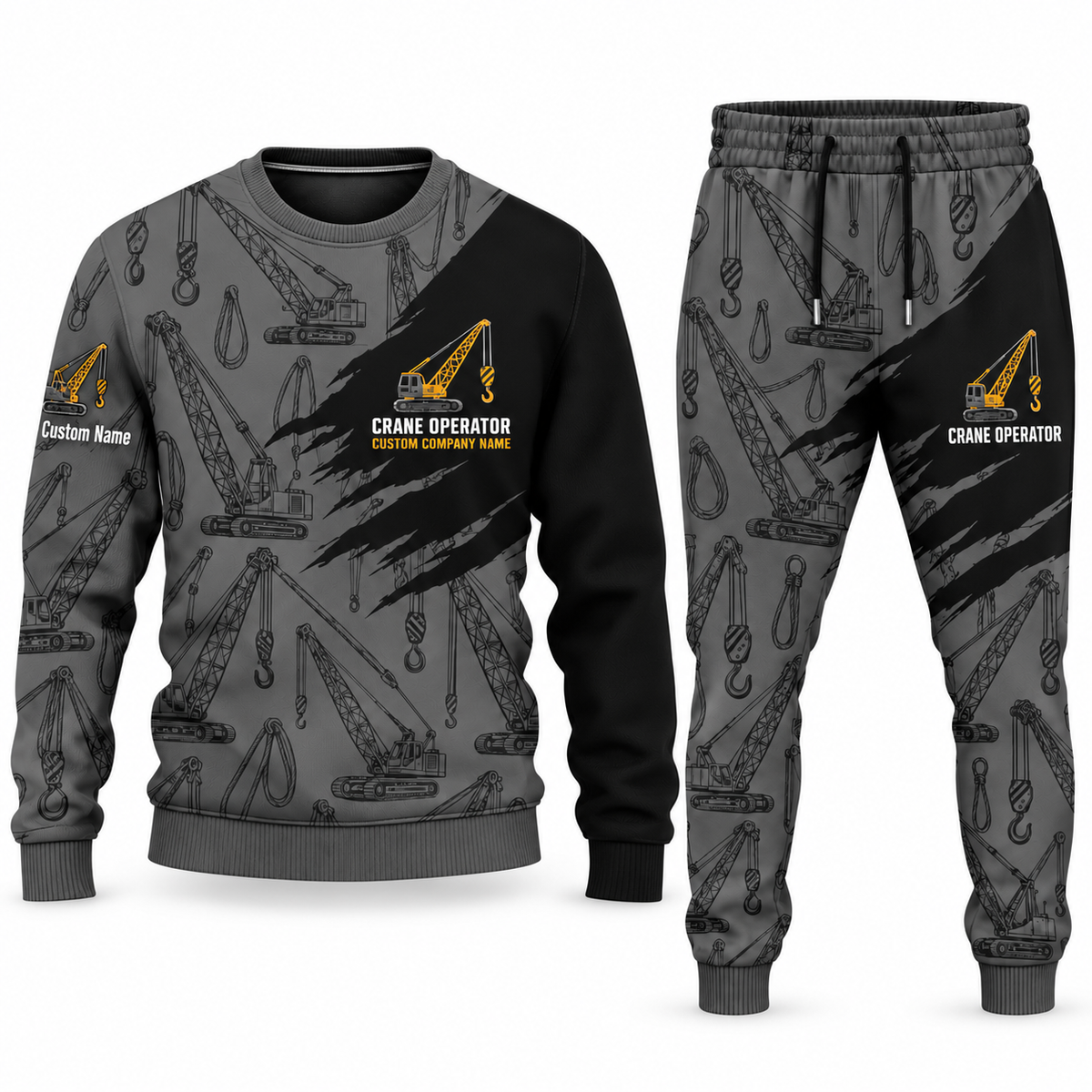 Crane Operator Diagonal Brush sweater and jogger combo, charcoal view with name and company artwork