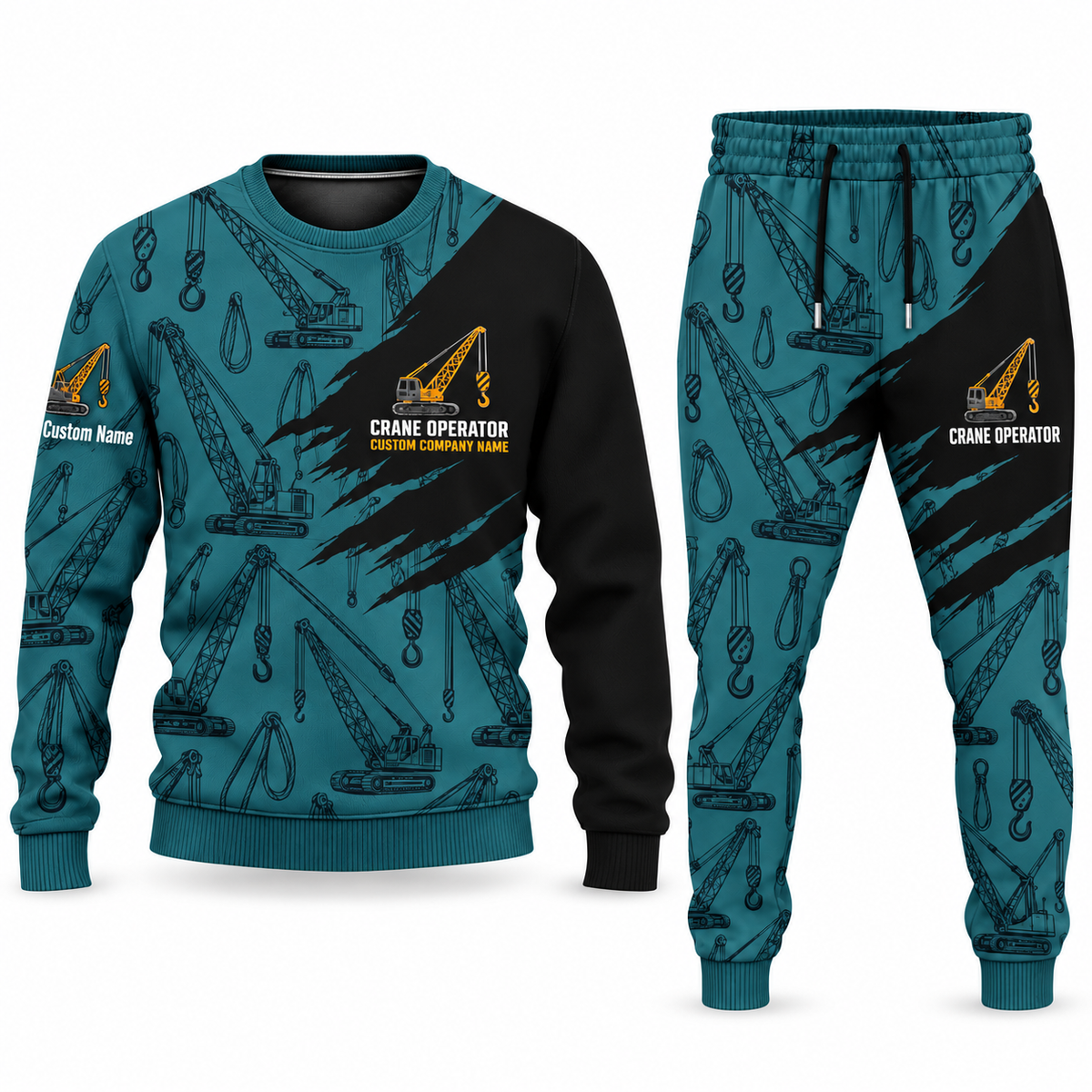 Crane Operator Diagonal Brush sweater and jogger combo, teal view with name and company artwork