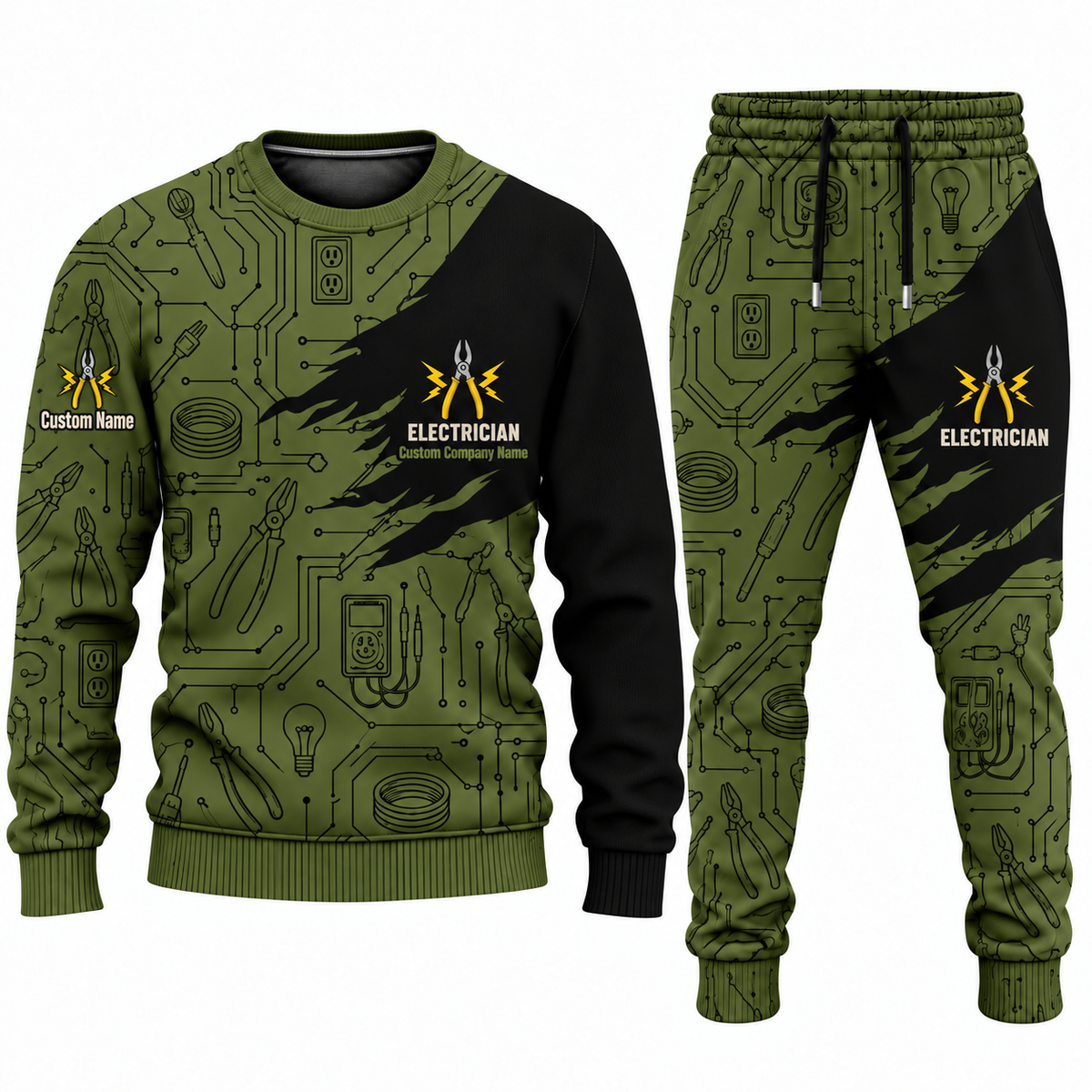 Electrician Diagonal Brush sweater and jogger combo, olive view with name and company artwork