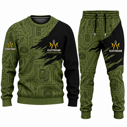 Electrician Diagonal Brush sweater and jogger combo, olive view with name and company artwork