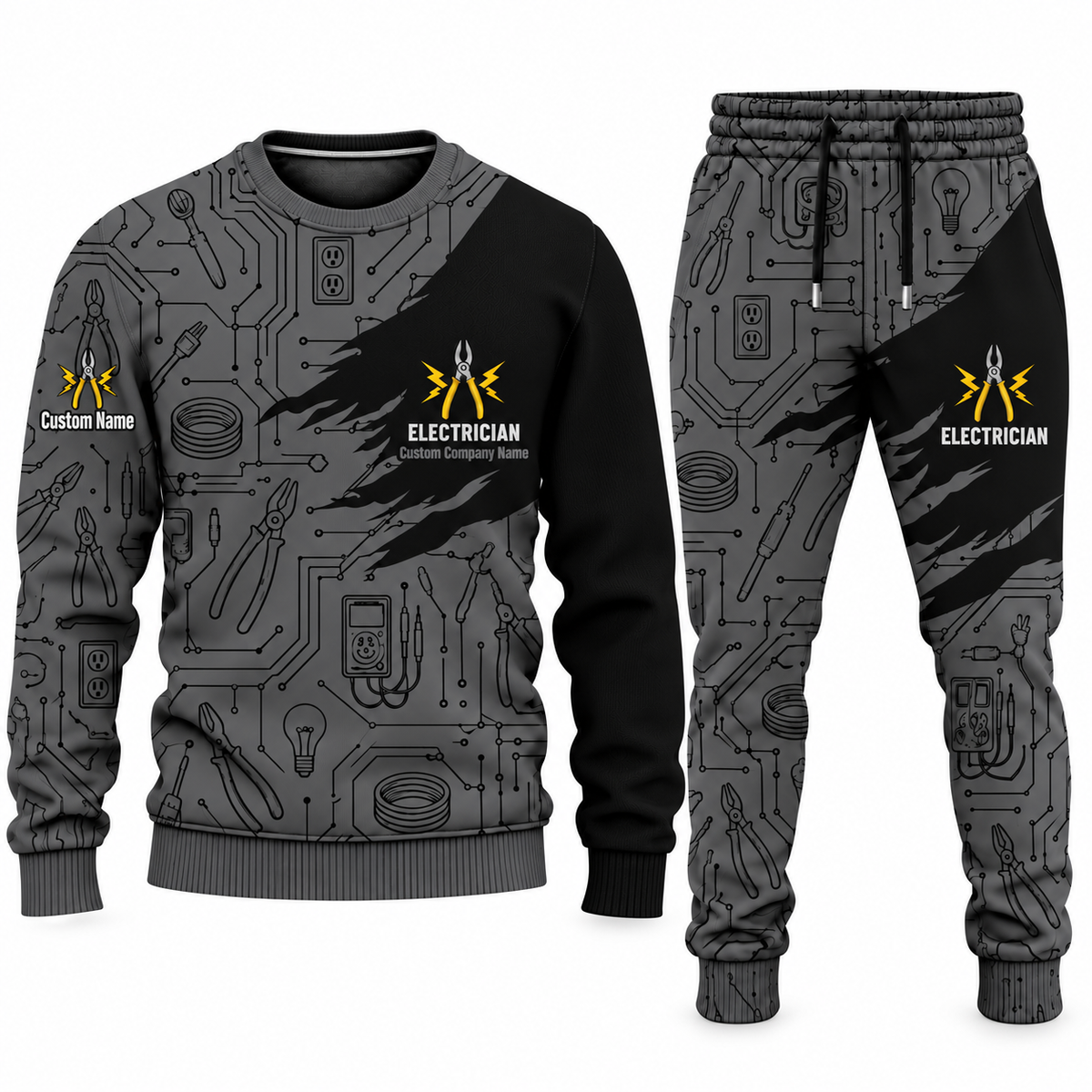 Electrician Diagonal Brush sweater and jogger combo, charcoal view with name and company artwork