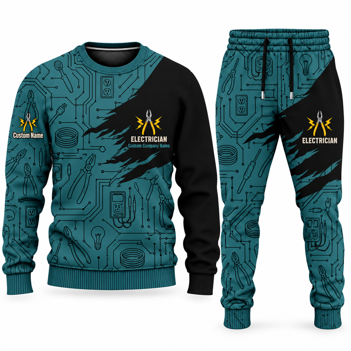 Electrician Diagonal Brush sweater and jogger combo, teal view with name and company artwork