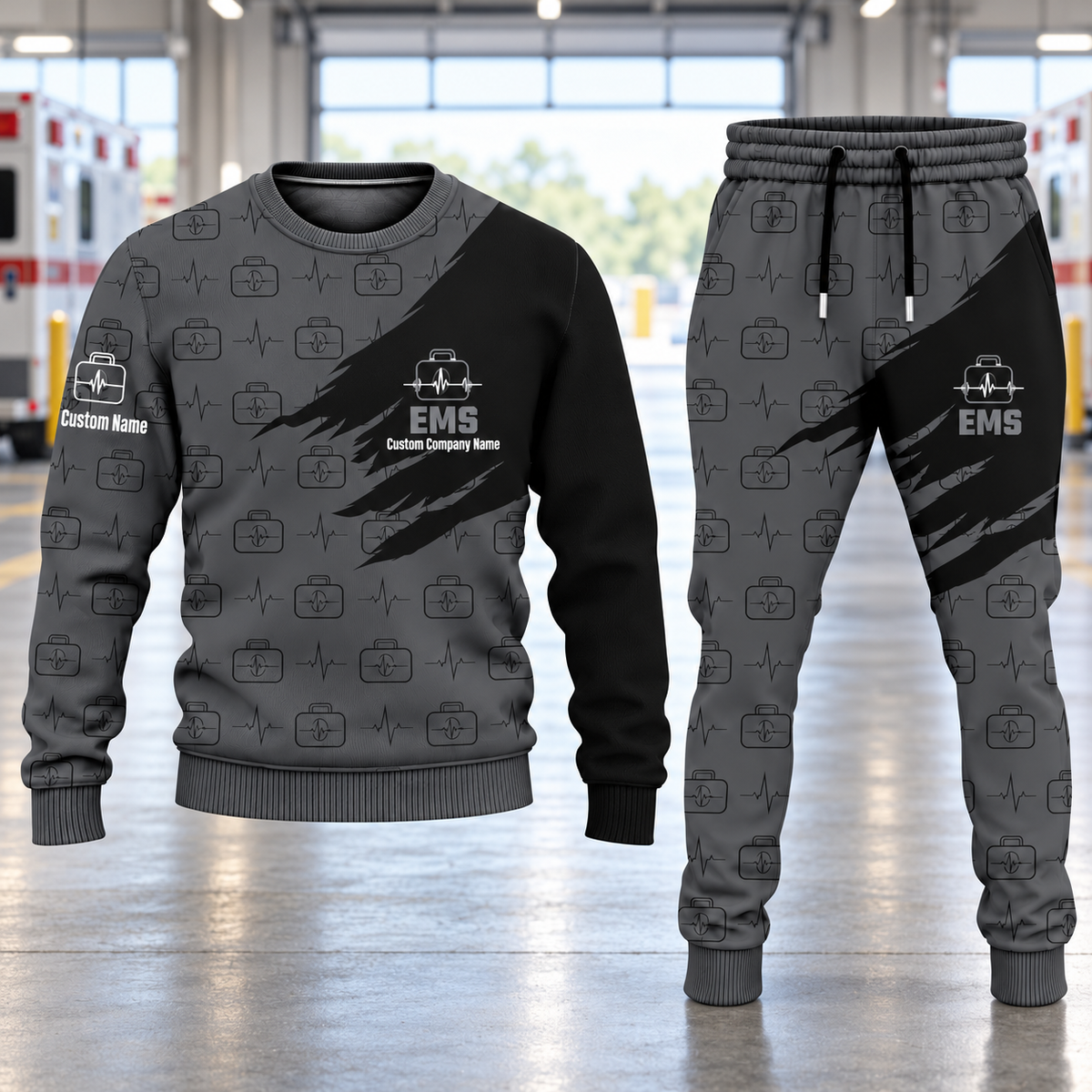 EMS Diagonal Brush sweater and jogger combo, hero view with name and company artwork