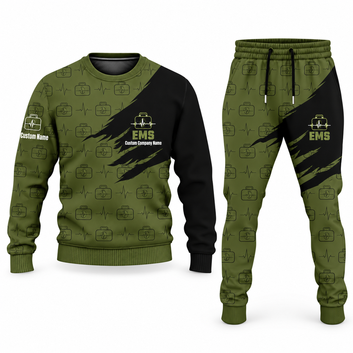 EMS Diagonal Brush sweater and jogger combo, olive view with name and company artwork