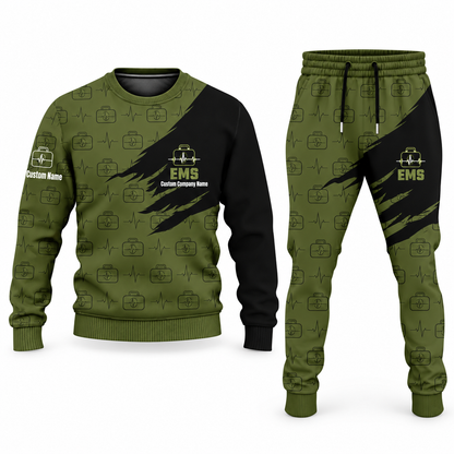 EMS Diagonal Brush sweater and jogger combo, olive view with name and company artwork