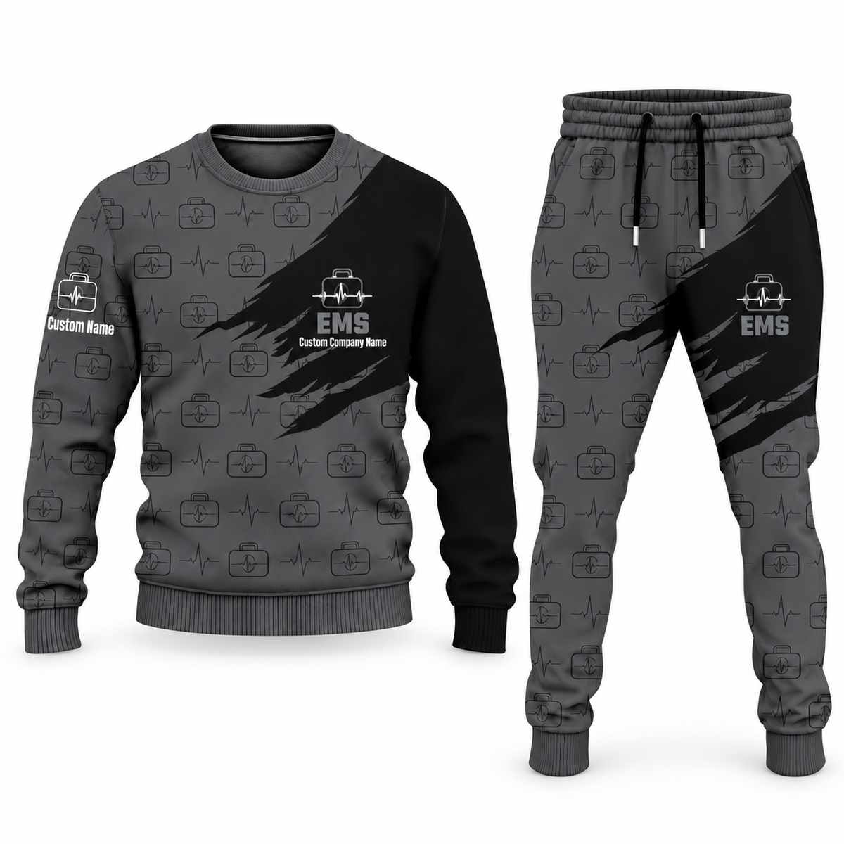 EMS Diagonal Brush sweater and jogger combo, charcoal view with name and company artwork