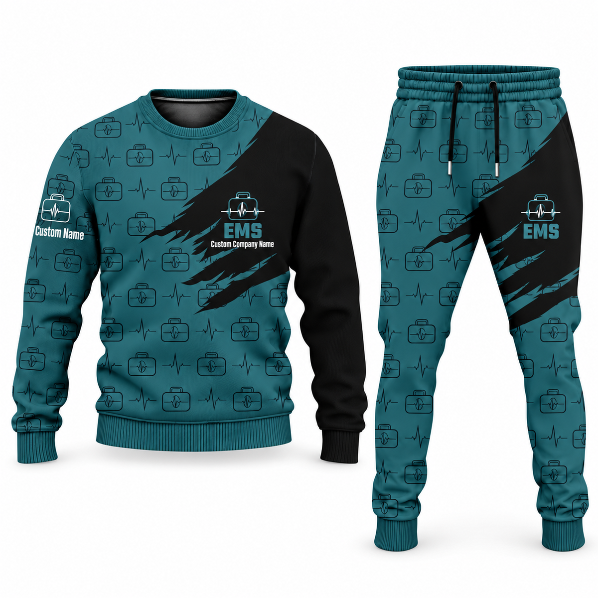 EMS Diagonal Brush sweater and jogger combo, teal view with name and company artwork