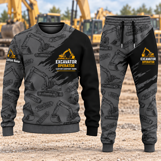 Excavator Operator Diagonal Brush sweater and jogger combo, hero view with name and company artwork