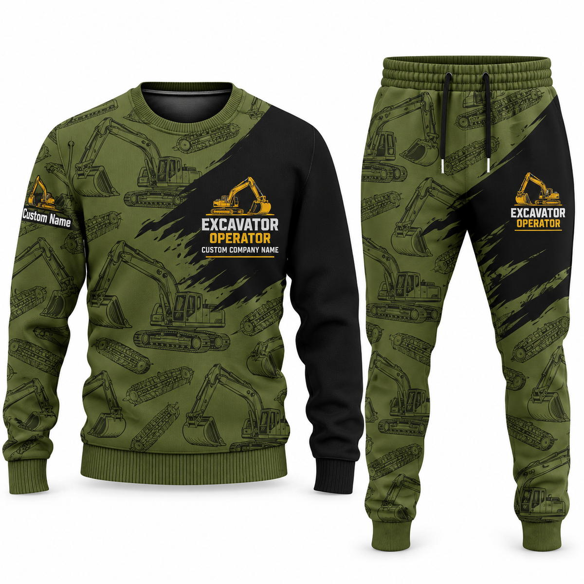 Excavator Operator Diagonal Brush sweater and jogger combo, olive view with name and company artwork
