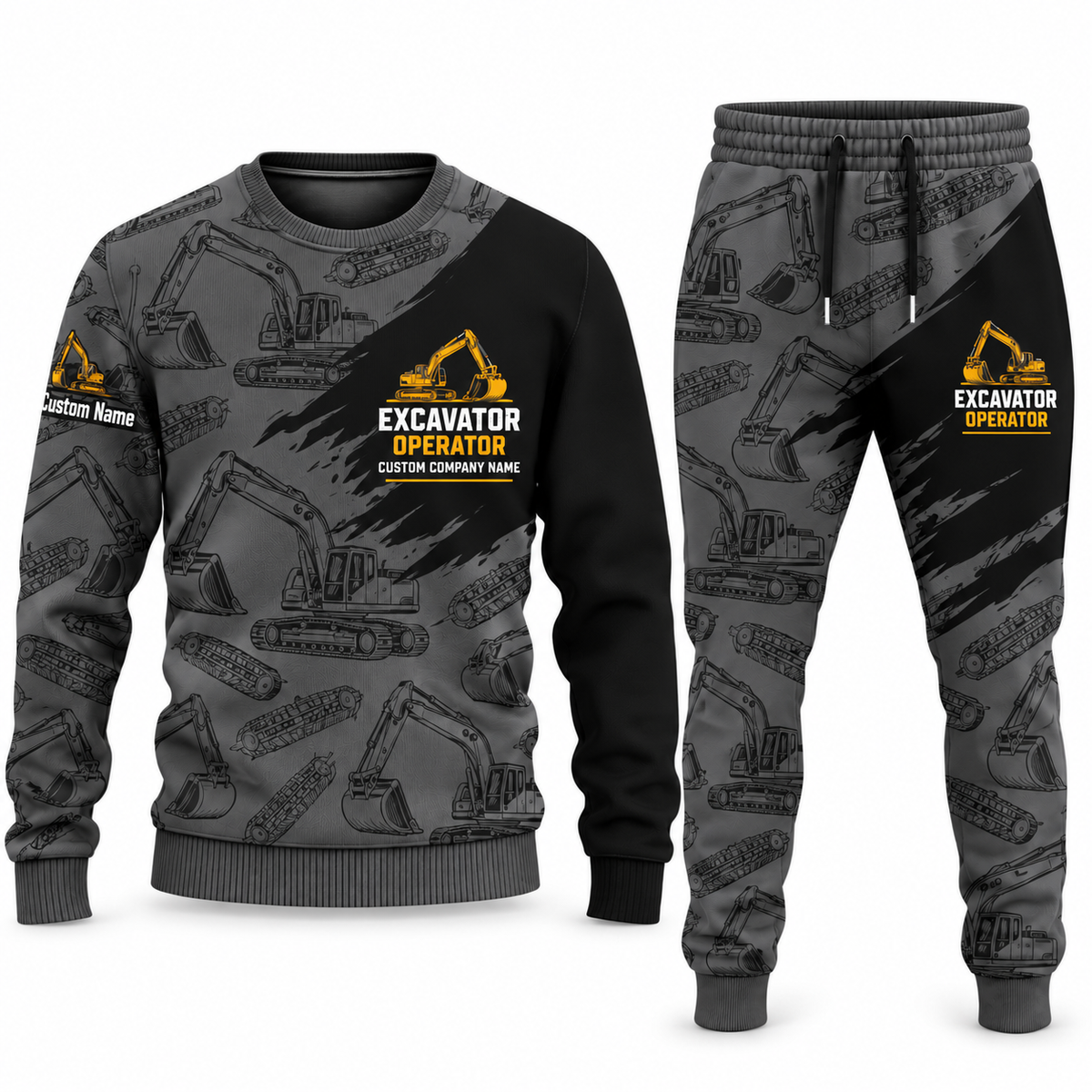 Excavator Operator Diagonal Brush sweater and jogger combo, charcoal view with name and company artwork