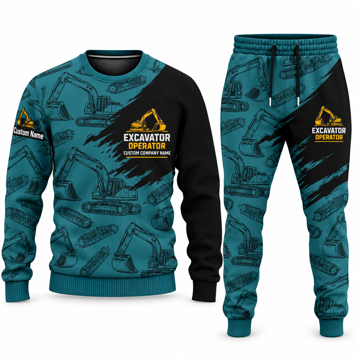 Excavator Operator Diagonal Brush sweater and jogger combo, teal view with name and company artwork