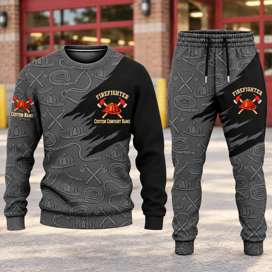 Firefighter Diagonal Brush sweater and jogger combo, hero view with name and company artwork