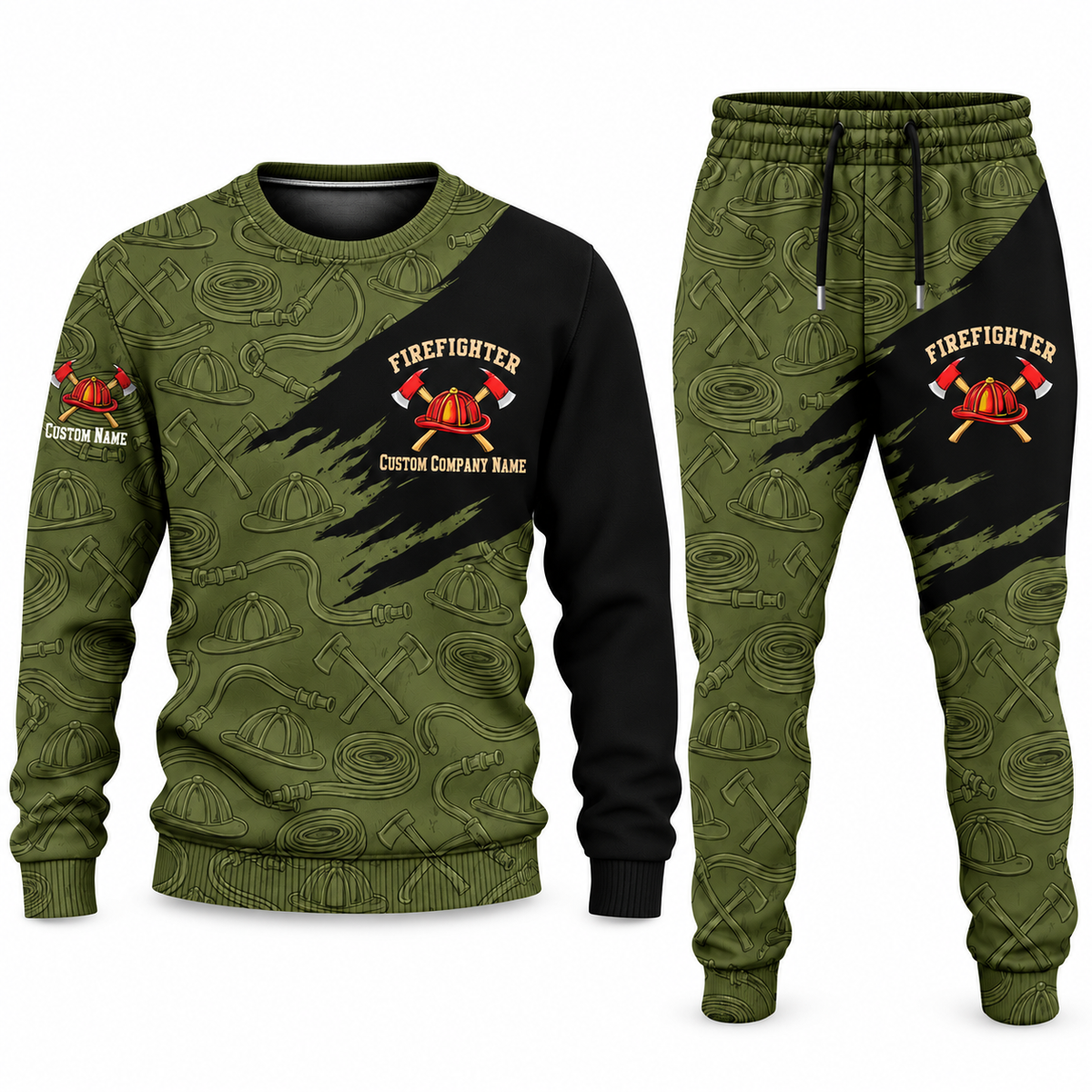 Firefighter Diagonal Brush sweater and jogger combo, olive view with name and company artwork
