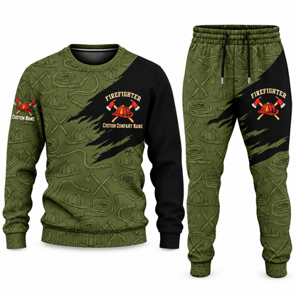 Firefighter Diagonal Brush sweater and jogger combo, olive view with name and company artwork