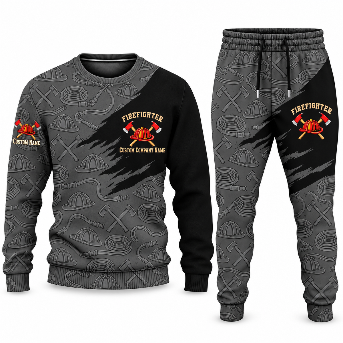 Firefighter Diagonal Brush sweater and jogger combo, charcoal view with name and company artwork