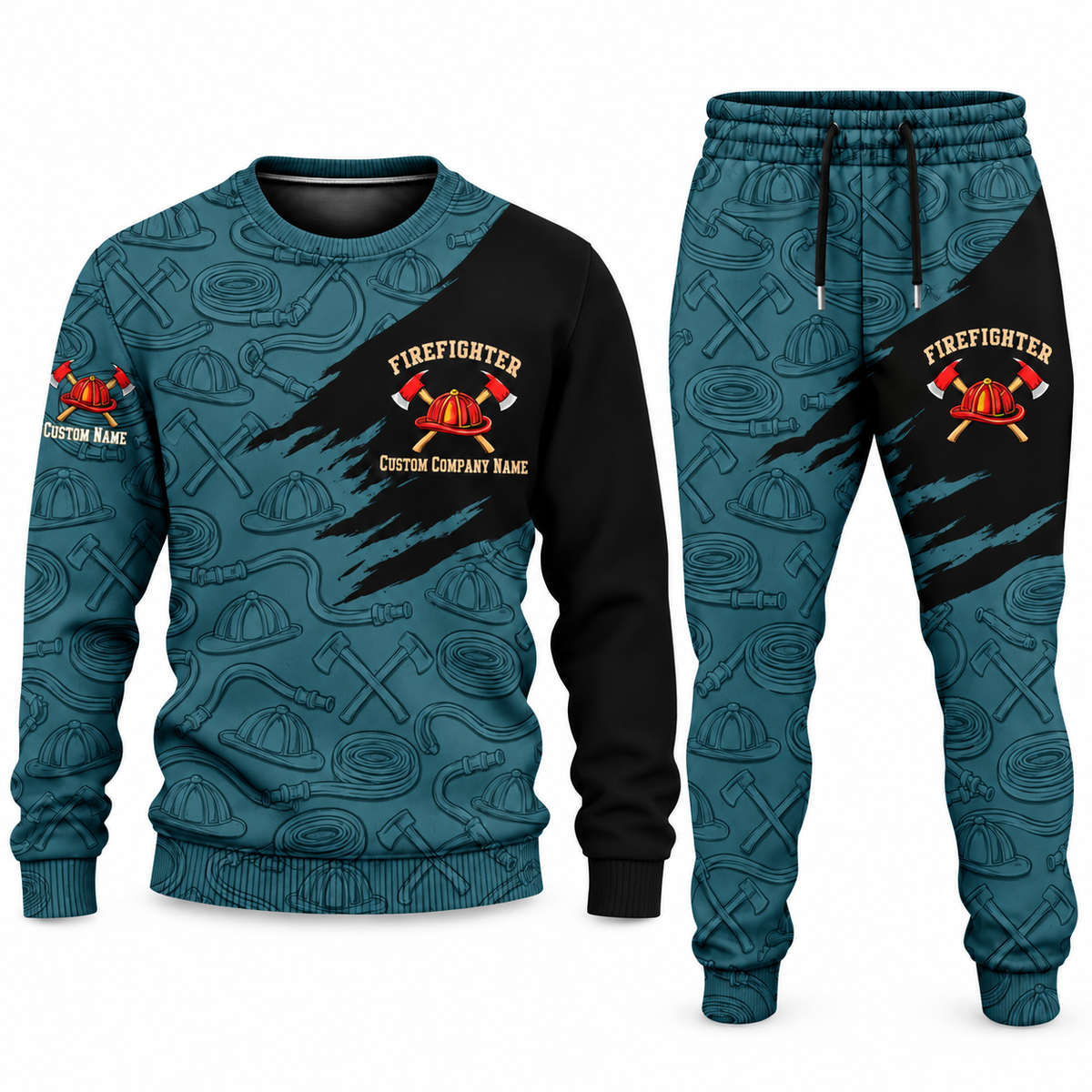 Firefighter Diagonal Brush sweater and jogger combo, teal view with name and company artwork
