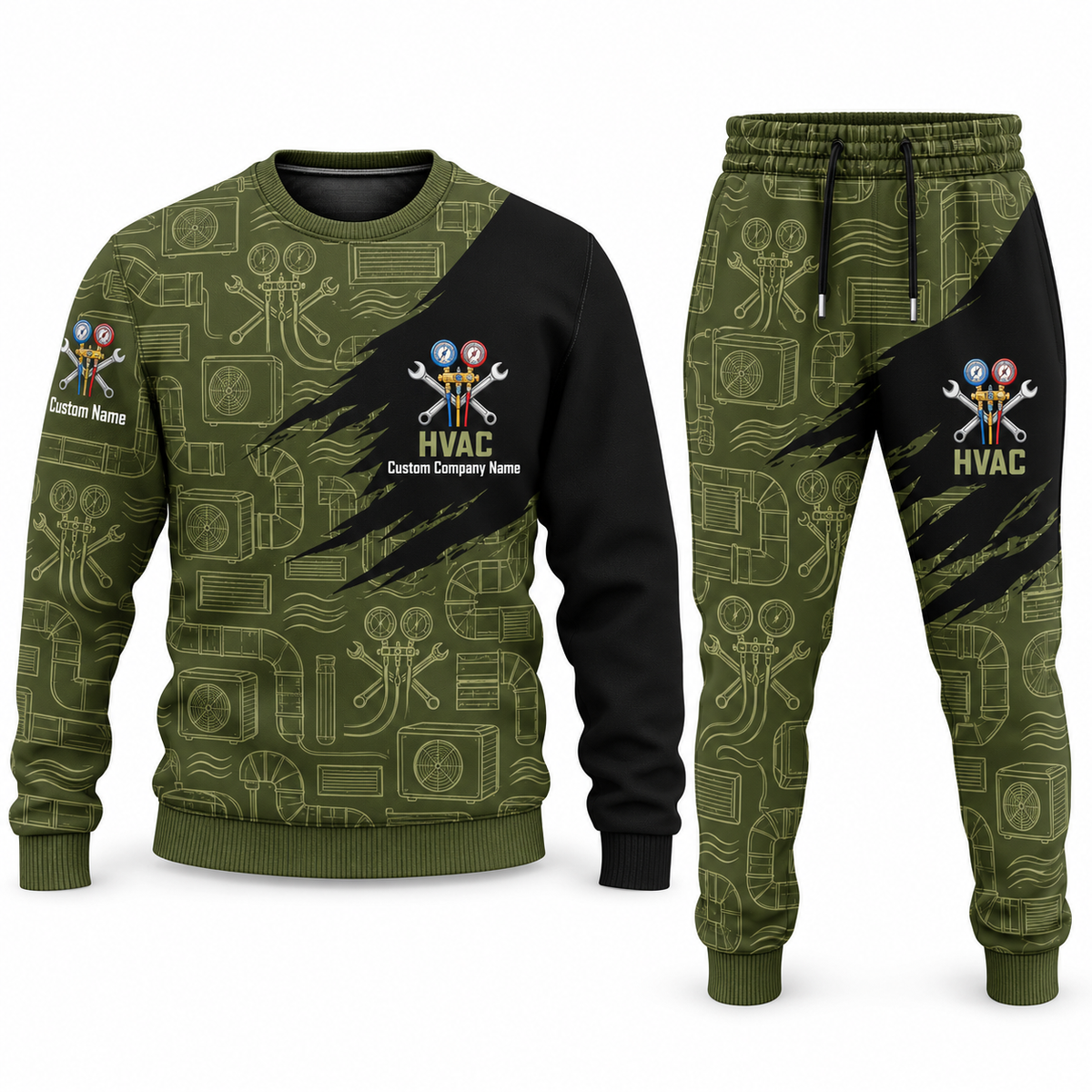 HVAC Diagonal Brush sweater and jogger combo, olive view with name and company artwork