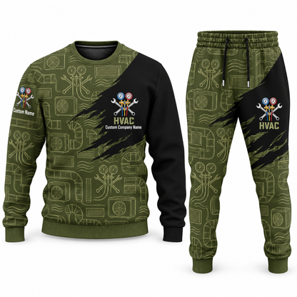 HVAC Diagonal Brush sweater and jogger combo, olive view with name and company artwork