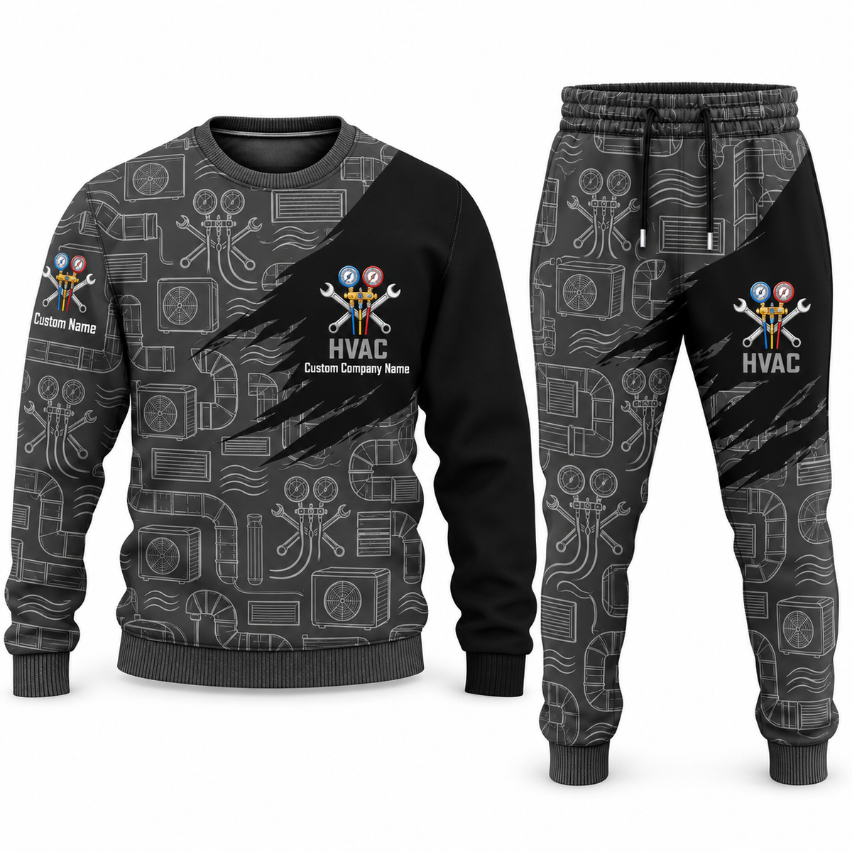 HVAC Diagonal Brush sweater and jogger combo, charcoal view with name and company artwork
