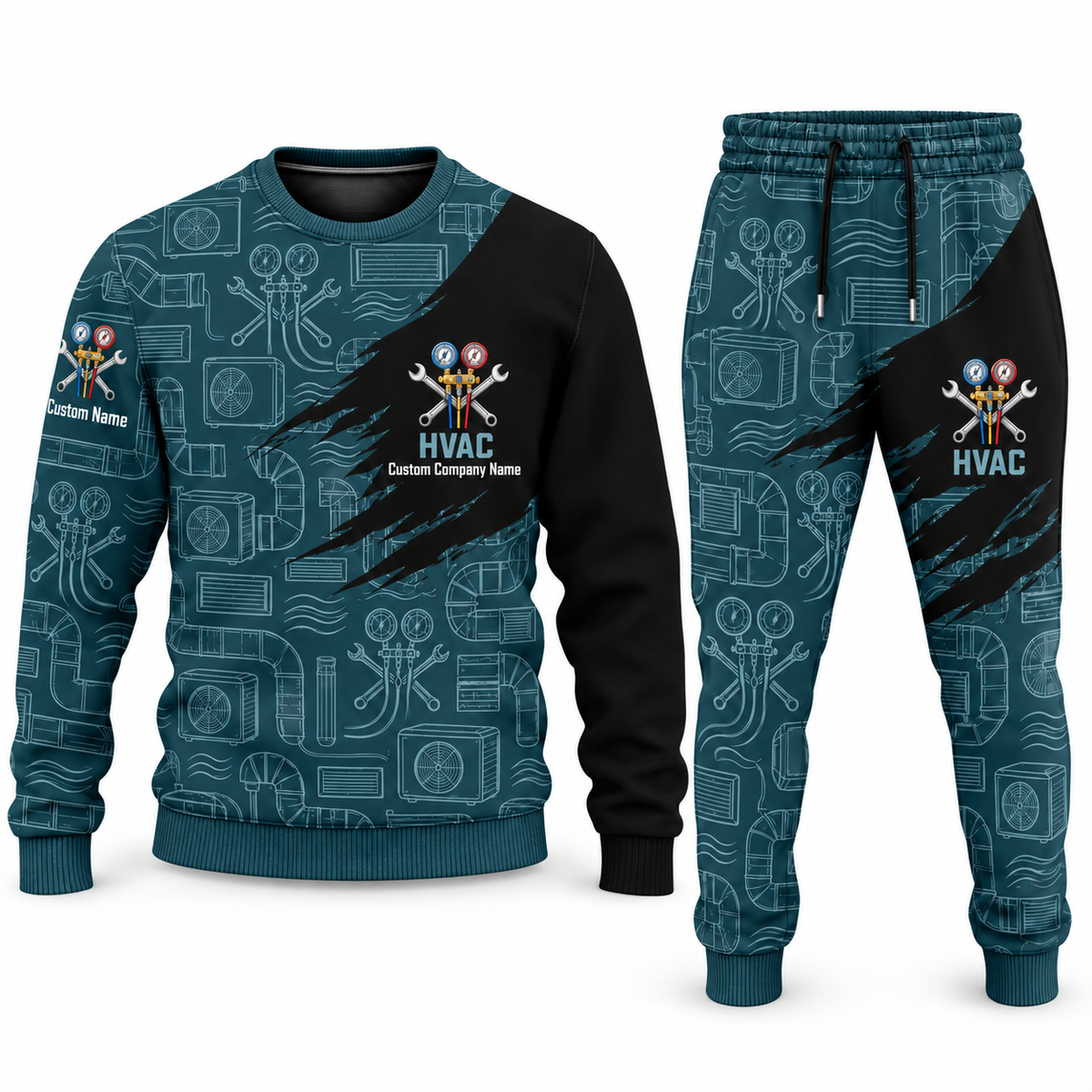 HVAC Diagonal Brush sweater and jogger combo, teal view with name and company artwork