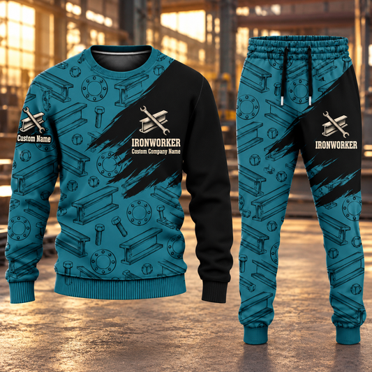 Ironworker Diagonal Brush sweater and jogger combo, hero view with name and company artwork