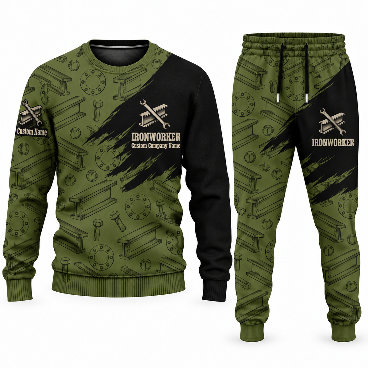Ironworker Diagonal Brush sweater and jogger combo, olive view with name and company artwork