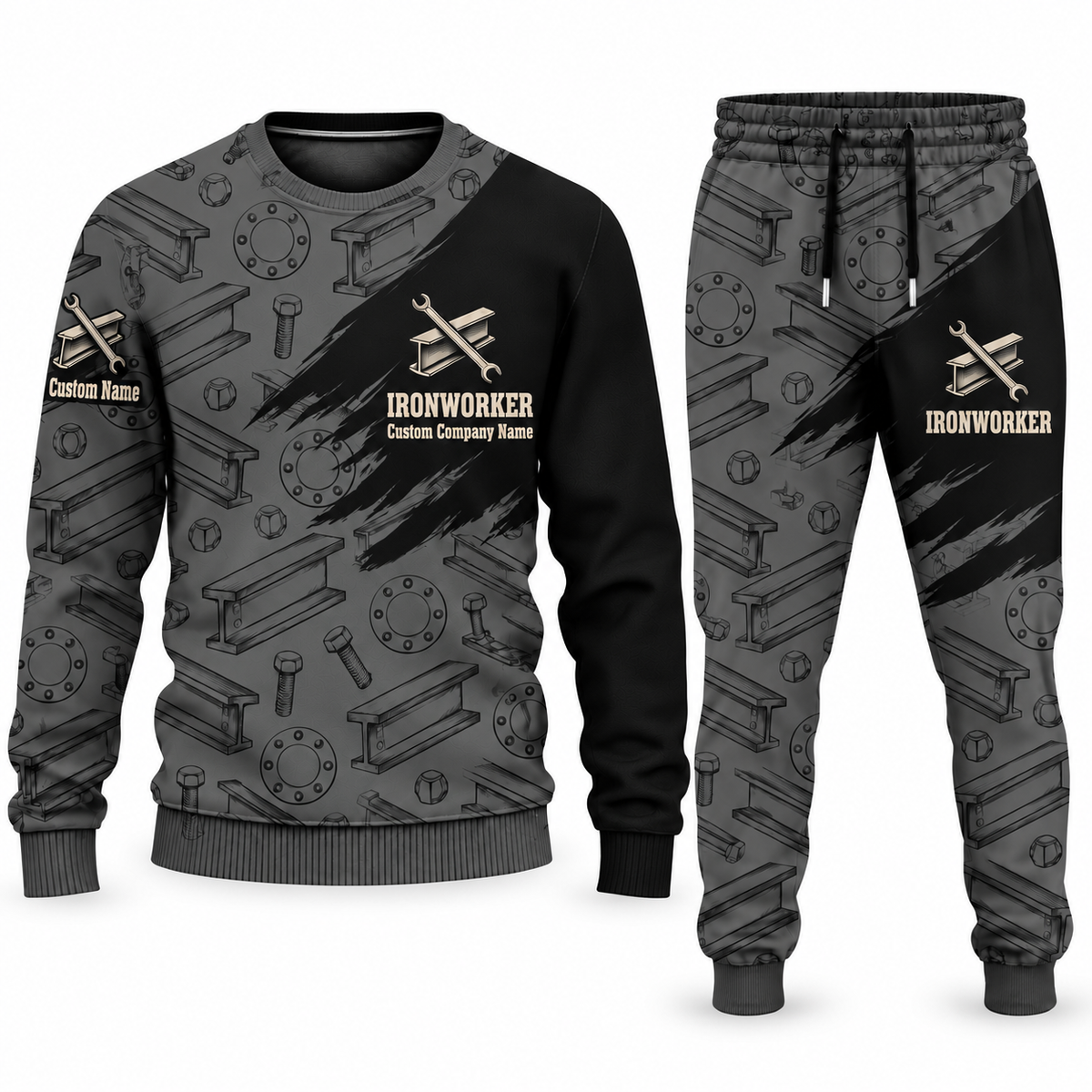 Ironworker Diagonal Brush sweater and jogger combo, charcoal view with name and company artwork