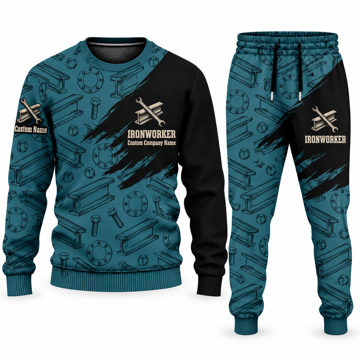 Ironworker Diagonal Brush sweater and jogger combo, teal view with name and company artwork