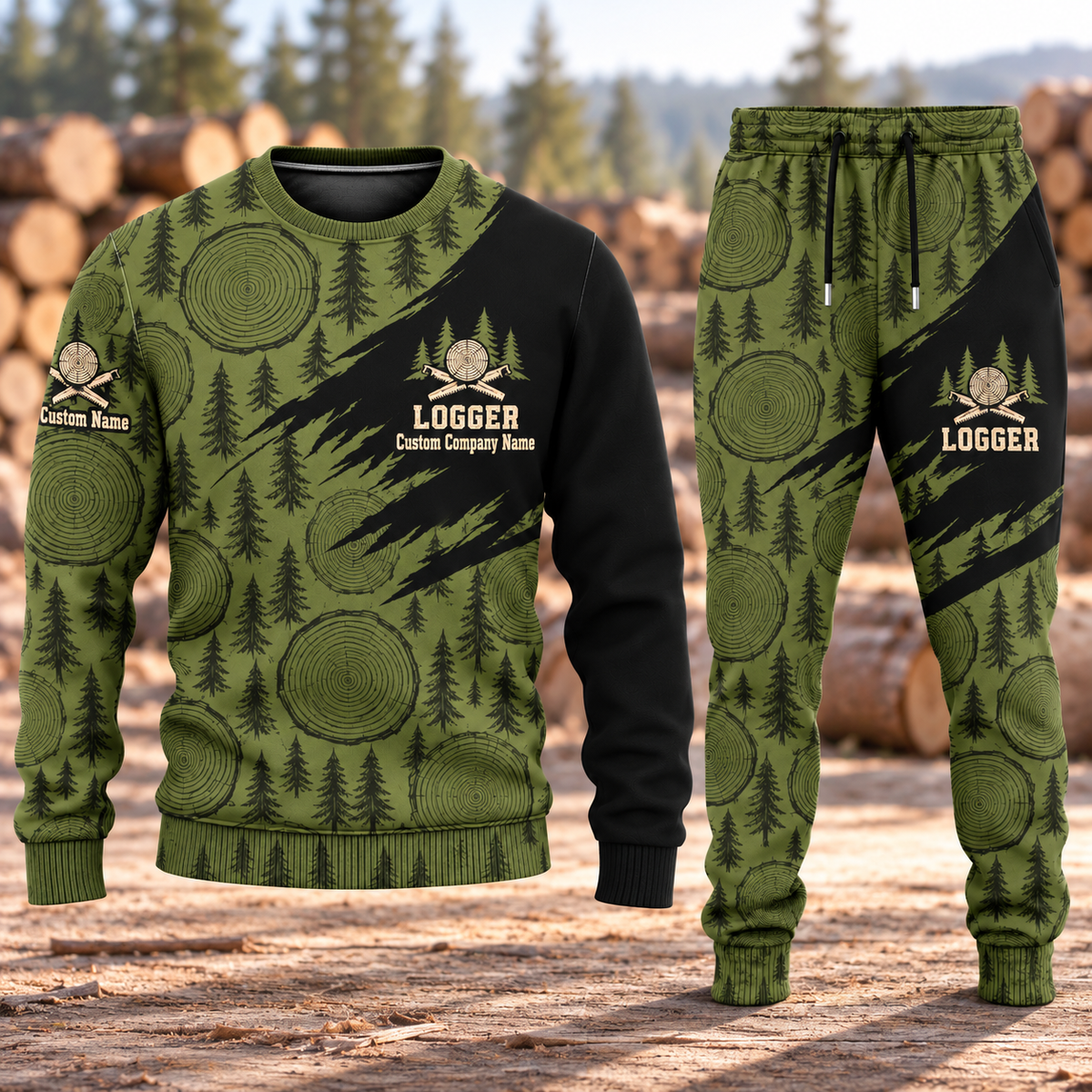 Logger Diagonal Brush sweater and jogger combo, hero view with name and company artwork