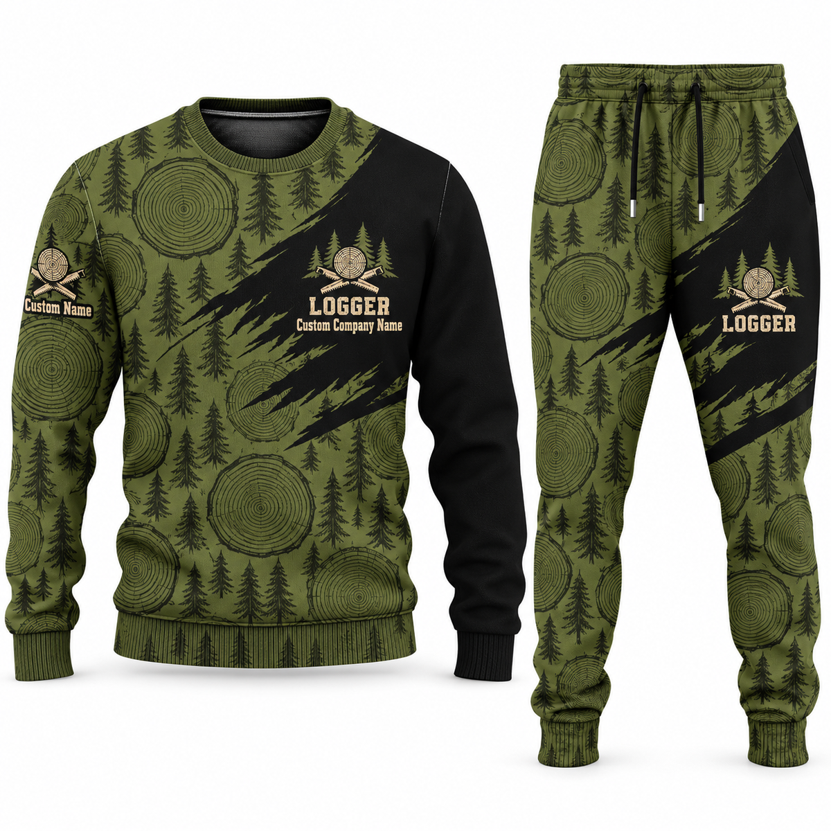 Logger Diagonal Brush sweater and jogger combo, olive view with name and company artwork