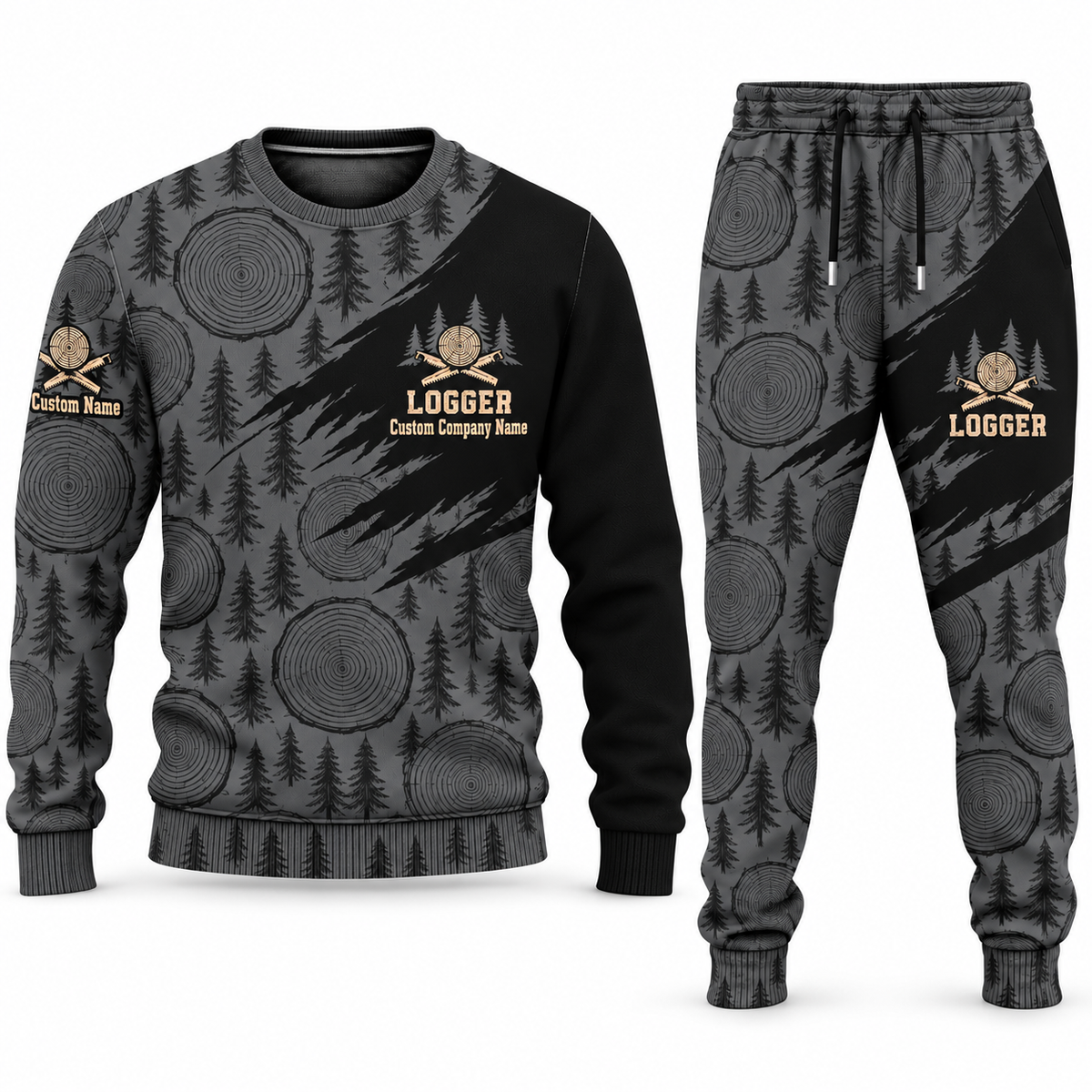 Logger Diagonal Brush sweater and jogger combo, charcoal view with name and company artwork