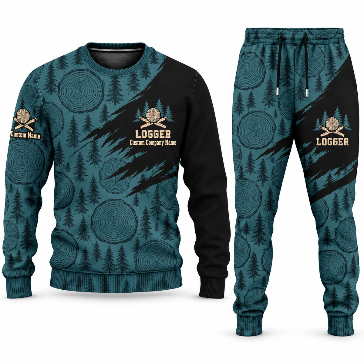 Logger Diagonal Brush sweater and jogger combo, teal view with name and company artwork