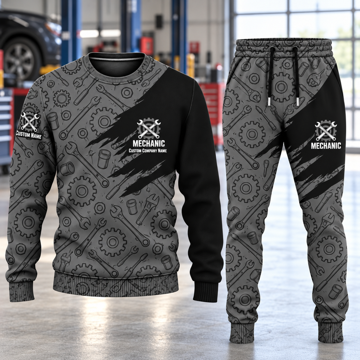 Mechanic Diagonal Brush sweater and jogger combo, hero view with name and company artwork