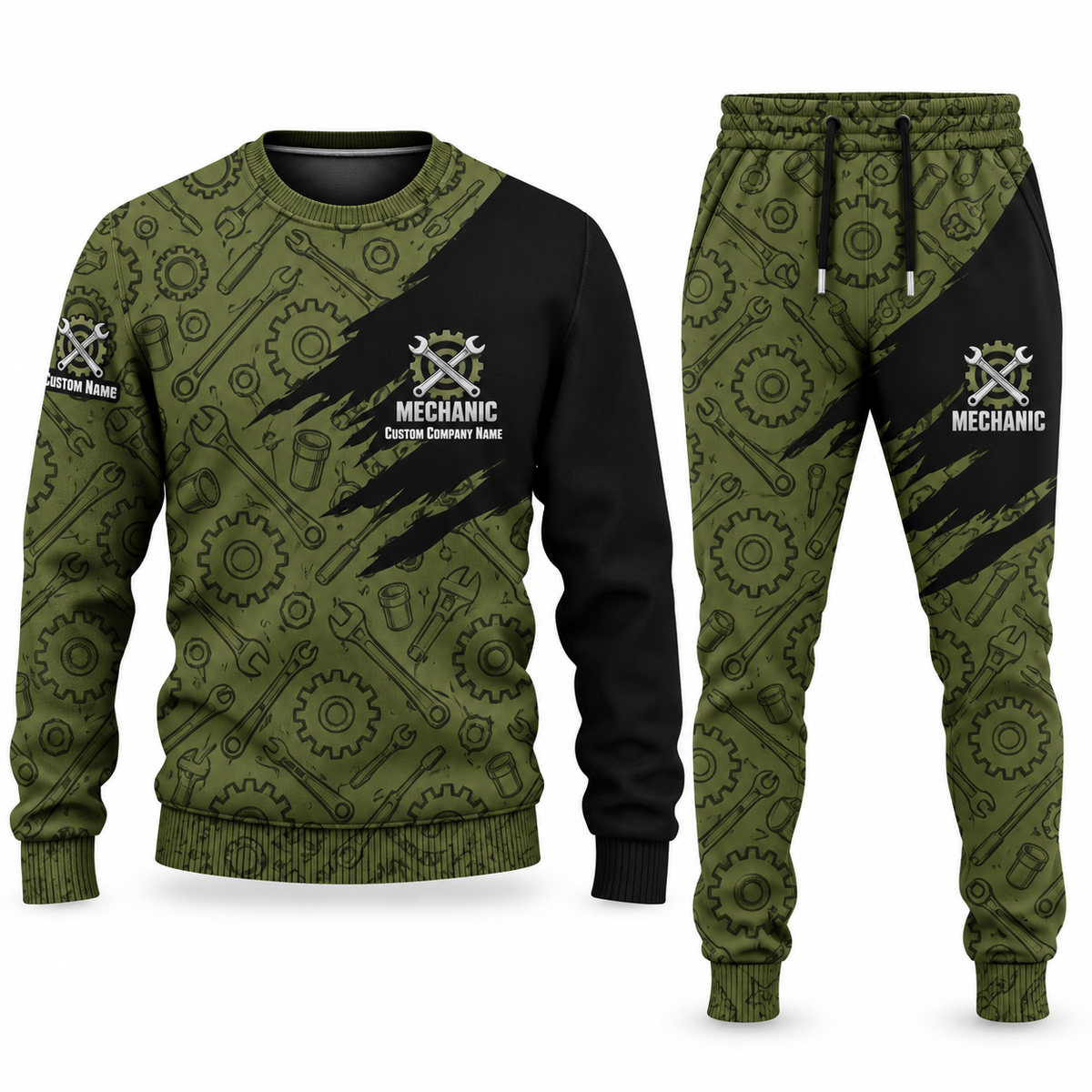 Mechanic Diagonal Brush sweater and jogger combo, olive view with name and company artwork