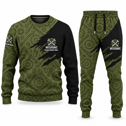 Mechanic Diagonal Brush sweater and jogger combo, olive view with name and company artwork