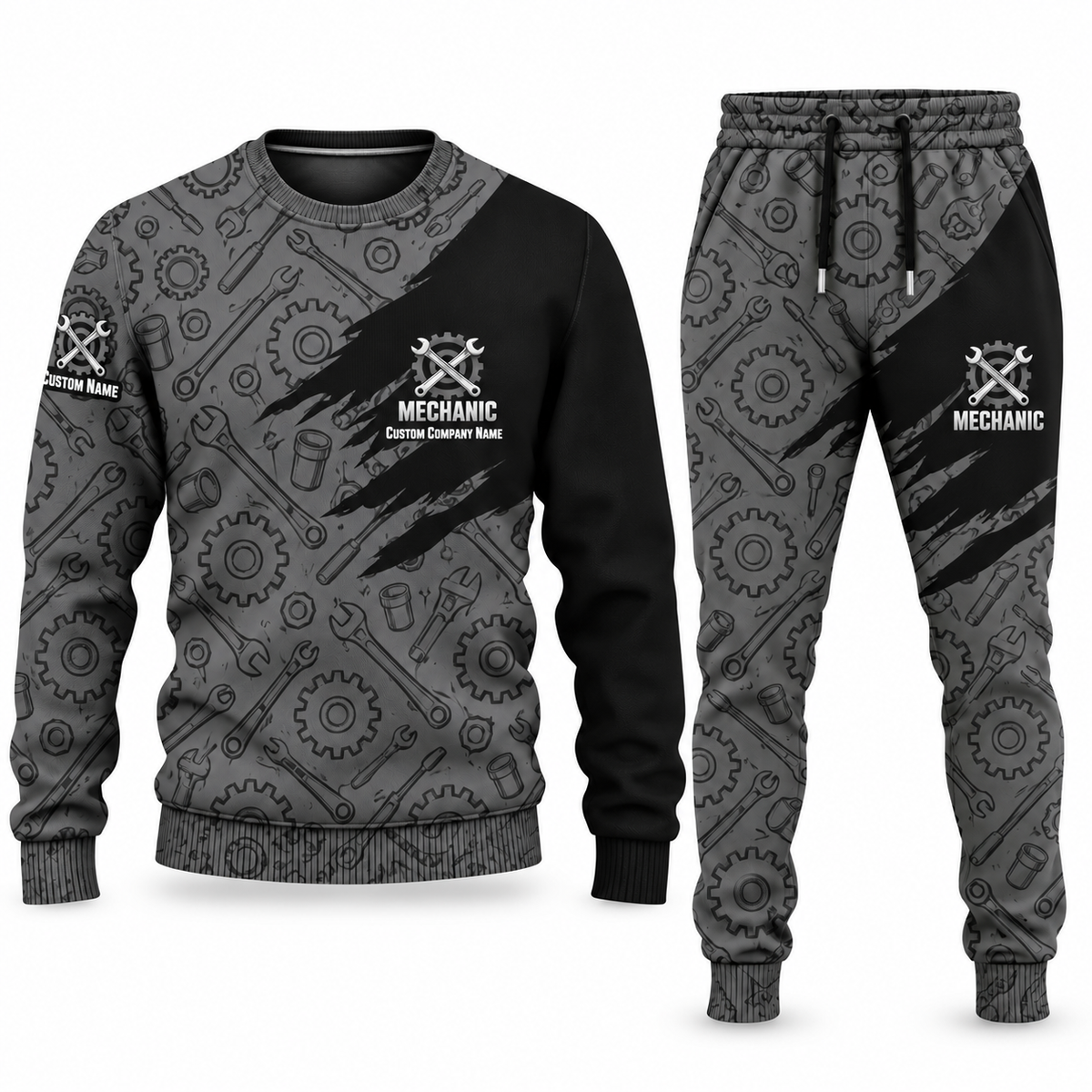 Mechanic Diagonal Brush sweater and jogger combo, charcoal view with name and company artwork