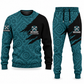 Mechanic Diagonal Brush sweater and jogger combo, teal view with name and company artwork