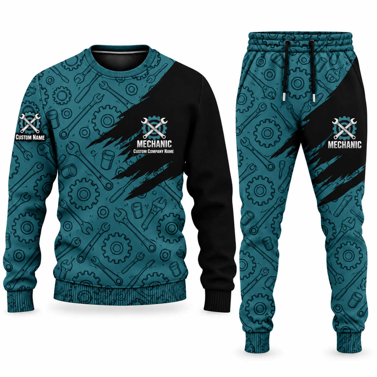Mechanic Diagonal Brush sweater and jogger combo, teal view with name and company artwork