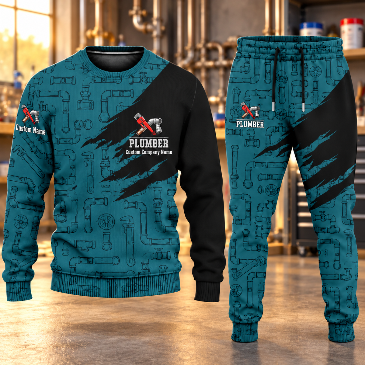 Plumber Diagonal Brush sweater and jogger combo, hero view with name and company artwork