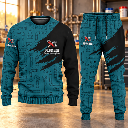 Plumber Diagonal Brush sweater and jogger combo, hero view with name and company artwork