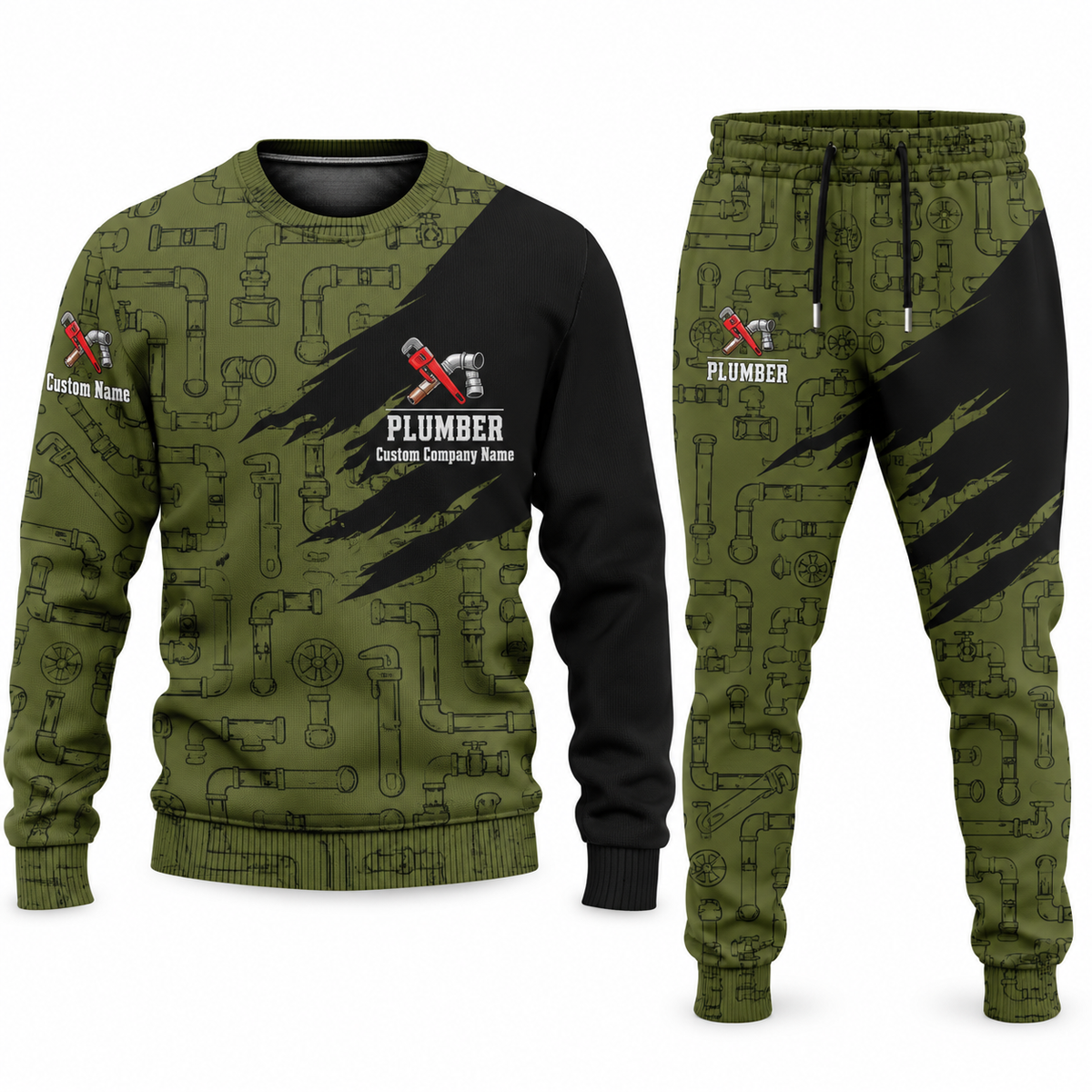 Plumber Diagonal Brush sweater and jogger combo, olive view with name and company artwork