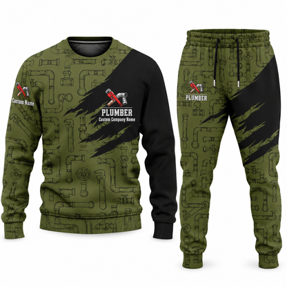 Plumber Diagonal Brush sweater and jogger combo, olive view with name and company artwork