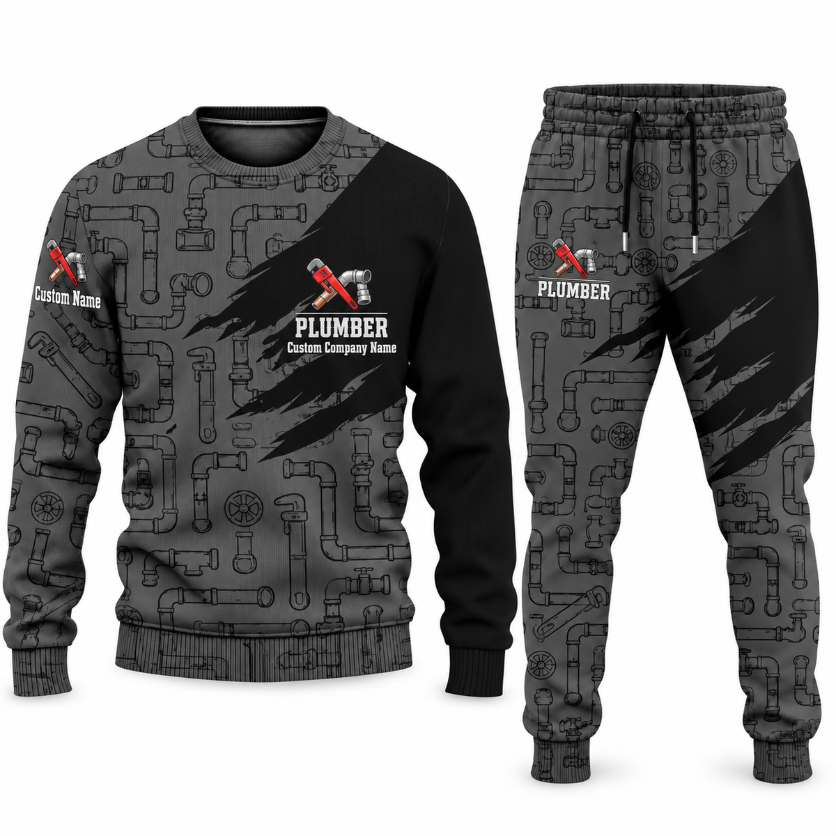 Plumber Diagonal Brush sweater and jogger combo, charcoal view with name and company artwork